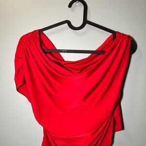 red draped cowl neck blouse